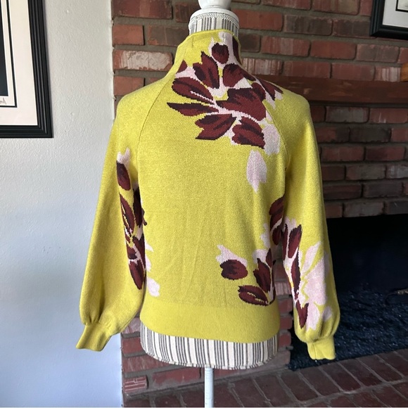 Anthropologie The Beatriz Mock Neck Floral Sweater Chartreuse Yellow Sz XXS - Picture 7 of 8